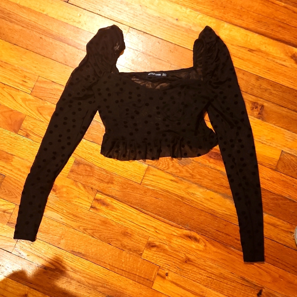 Black Polka Dot Mesh Long Sleeve Top Size 4 USA